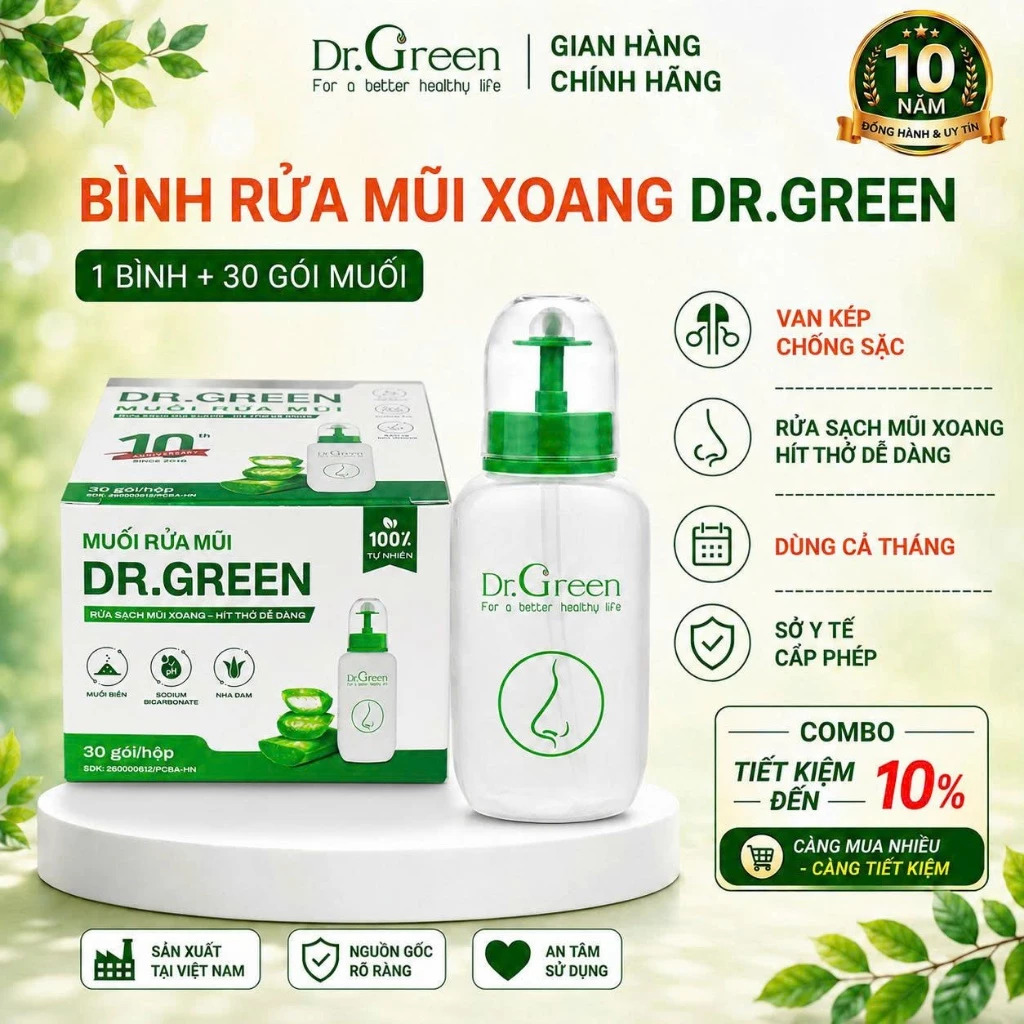 Combo Bình rửa mũi VAN KÉP CHỐNG SẶC 240ml DR GREEN (1 bình + 30 gói muối)