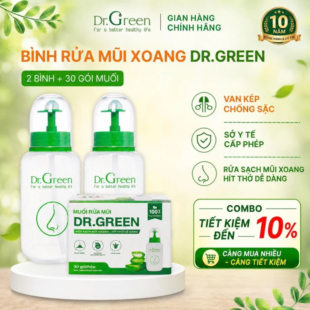 Combo Bình Rửa Mũi CHỐNG SẶC Dr Green Đầu rửa Silicone (2 Bình + 30 Gói Muối)