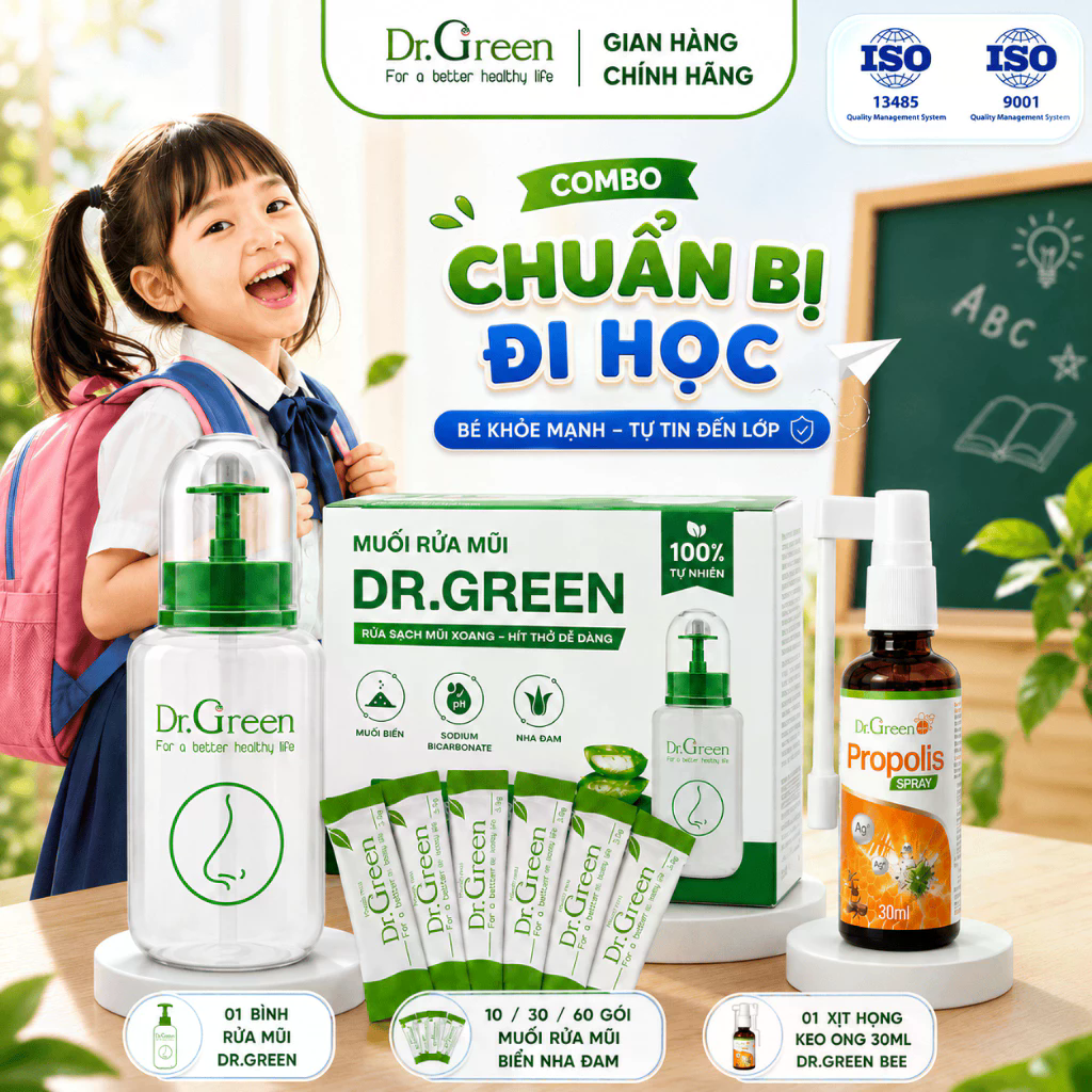 Combo Bình Rửa Mũi + Muối Nha Đam + Xịt Họng Keo Ong 30ml, Tăng sức khỏe hô hấp