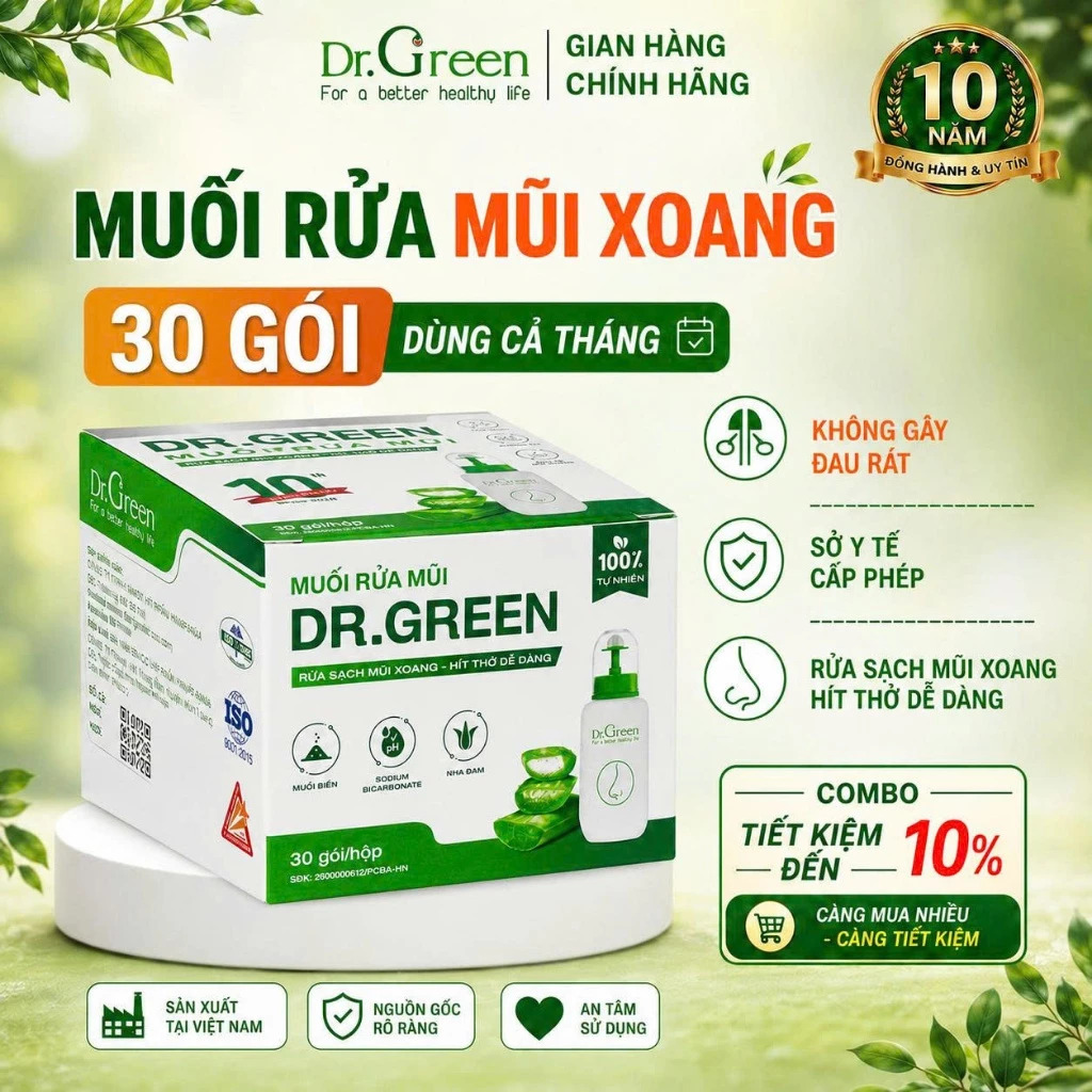 Muối Biển Nha Đam Dr.Green 30 gói, Rửa mũi cho bé và người lớn