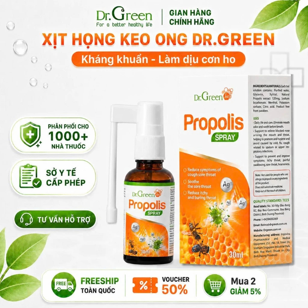 Xịt Họng Keo Ong Dr Green giúp giảm ngứa đau rát họng cho người lớn và bé từ 1 tuổi